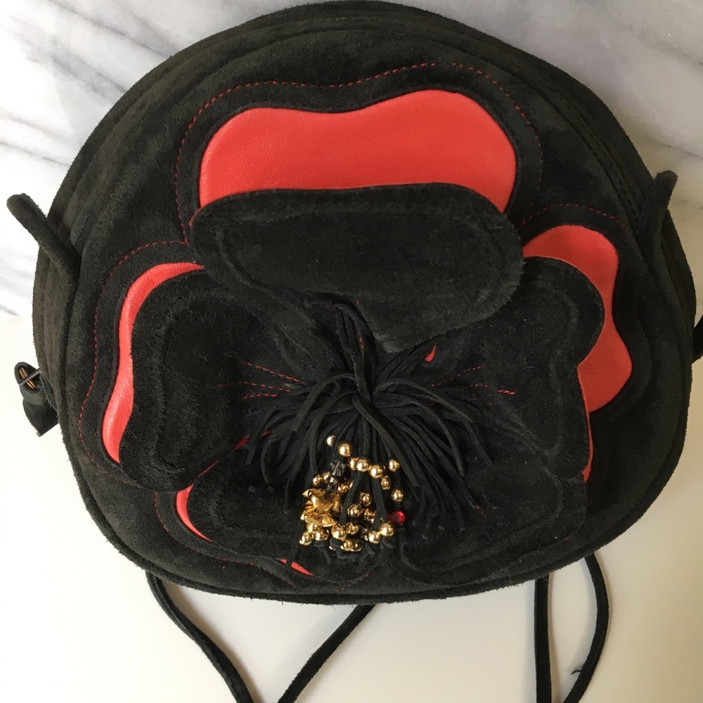 Vintage black & red leather handbag with flower